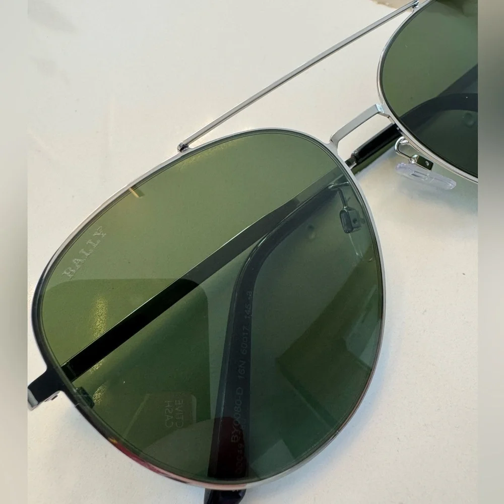 BALLY Italy Silver Aviator Sunglasses - Dark Green Lens